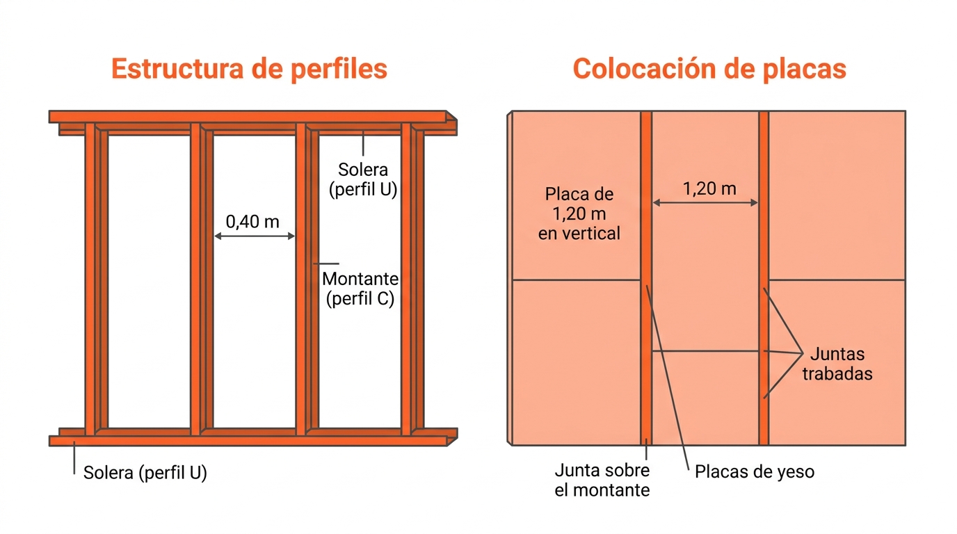 Diagrama de un tabique de durlock: a la izquierda la estructura de perfiles con soleras (perfil U) al piso y al techo y montantes (perfil C) verticales separados 0,48 m; a la derecha las placas colocadas en vertical con las juntas trabadas y cayendo sobre los montantes.