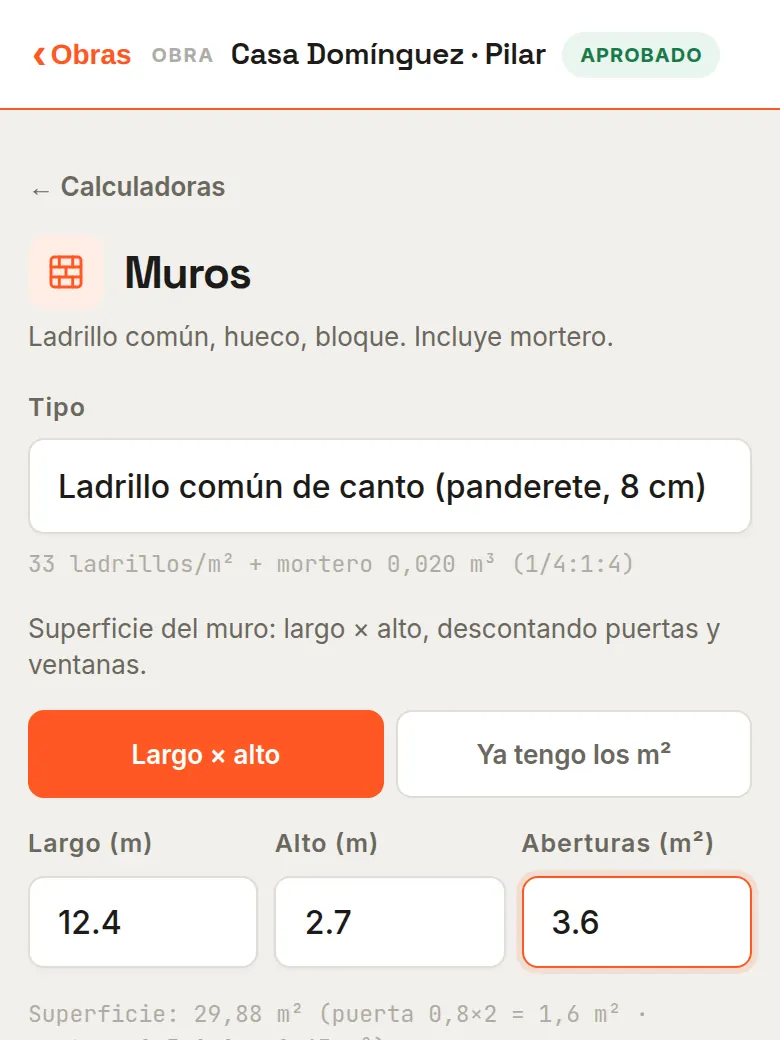 Calculadora de muros de la app con las medidas cargadas y los materiales estimados