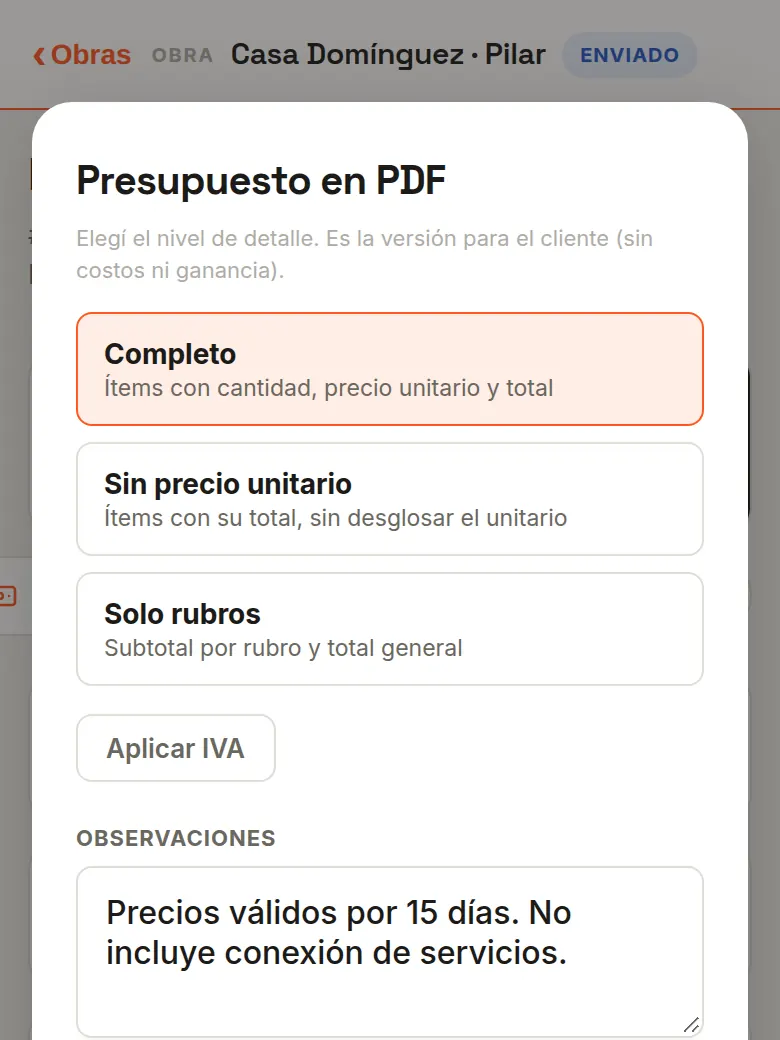 Opciones del PDF del presupuesto con envío por WhatsApp
