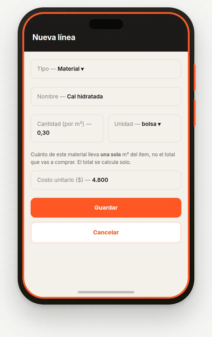 Panel para agregar una línea de costo al análisis del ítem