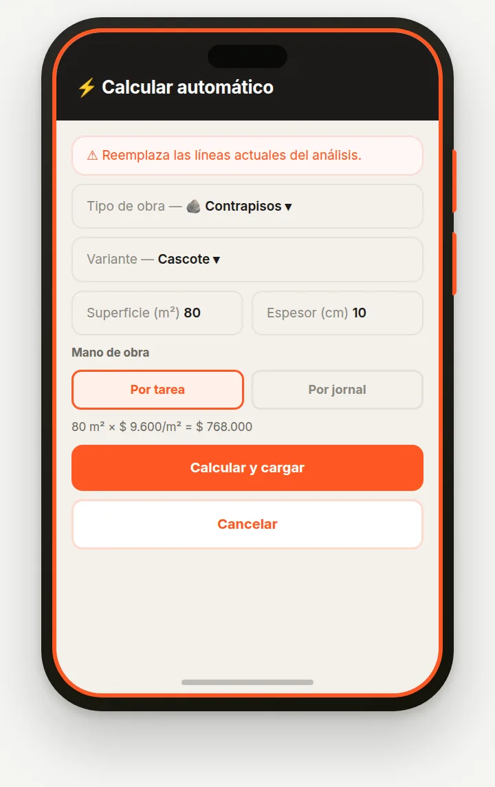 Pantalla del ítem con el botón Calcular automático y el tipo de obra