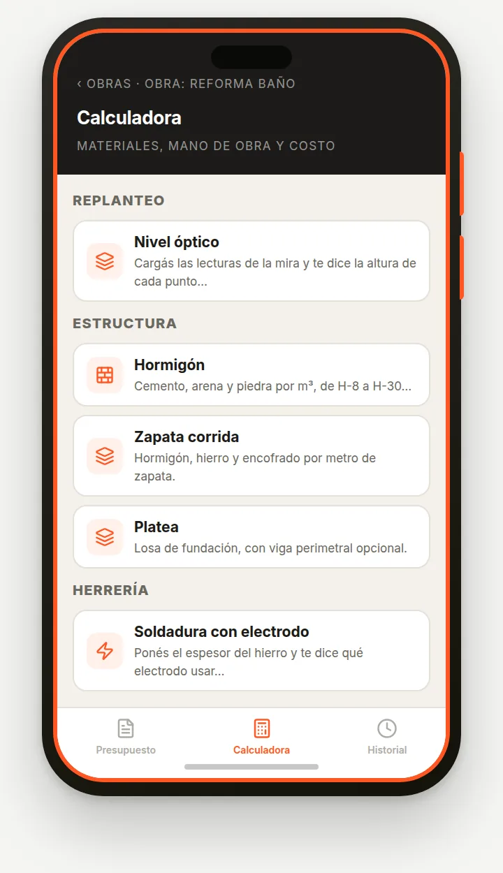 Lista de calculadoras agrupadas por etapa de obra