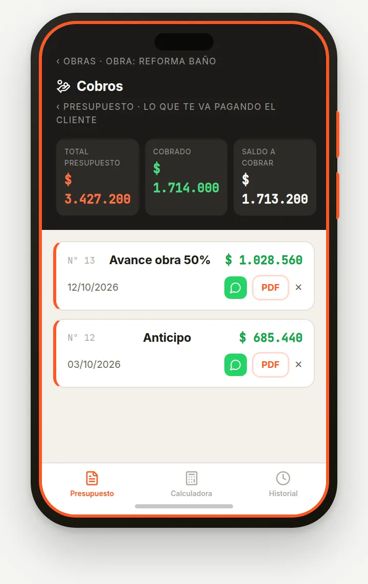 Pantalla Cobros con estado de cuenta y lista de recibos numerados