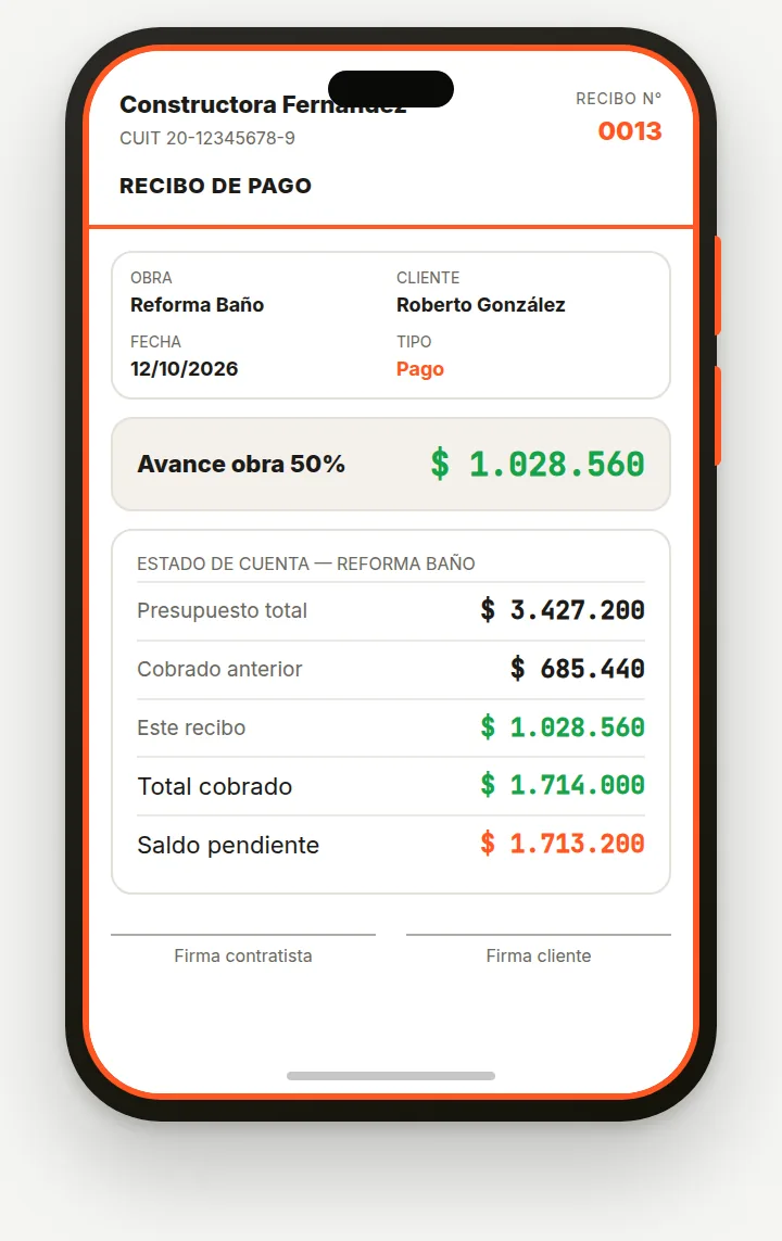 Vista de recibo PDF con emisor, número, monto y estado de cuenta