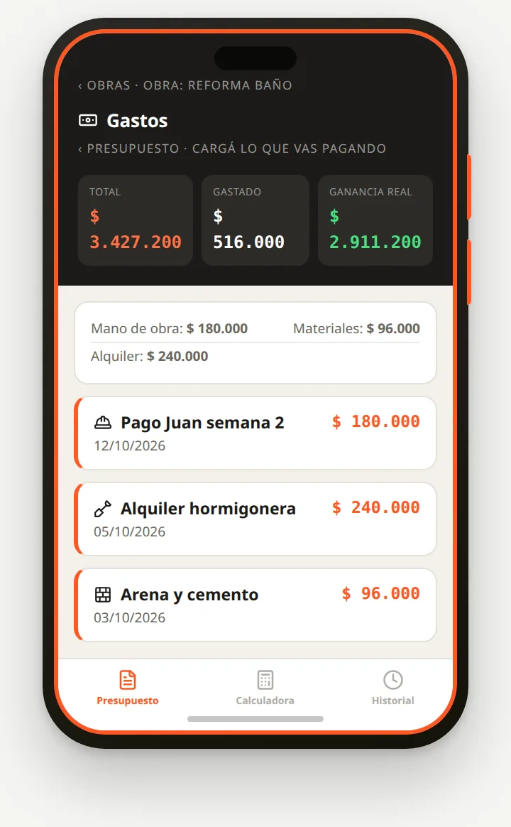 Pantalla Gastos con total, gastado, ganancia real y desglose por tipo