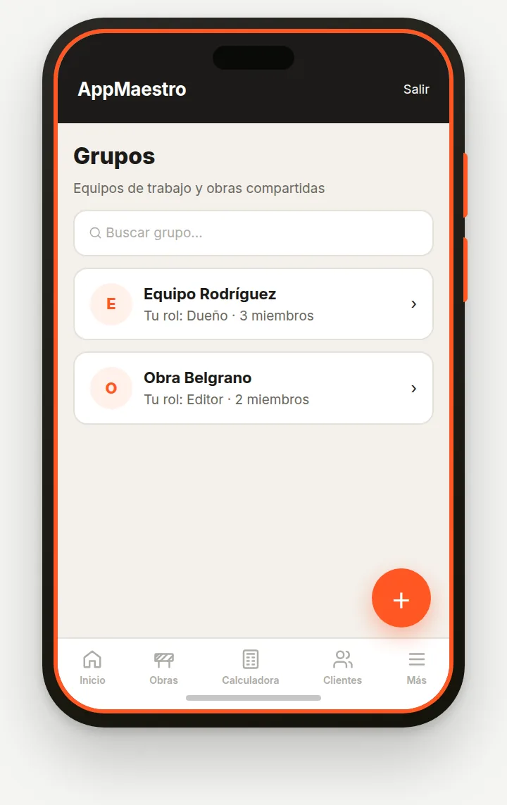 Pantalla Grupos con la lista de grupos