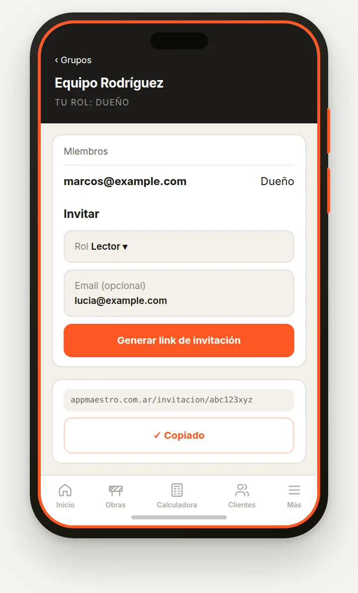 Pantalla del grupo con el formulario para invitar y generar el link