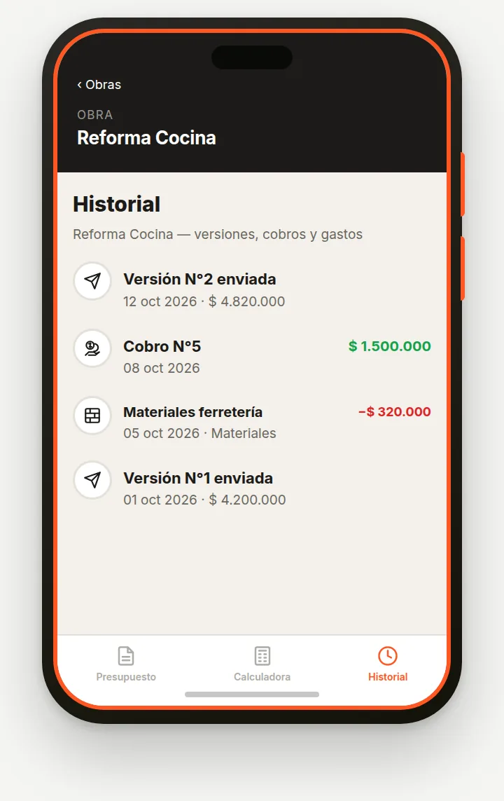 Pantalla Historial de una obra con versiones, cobros y gastos