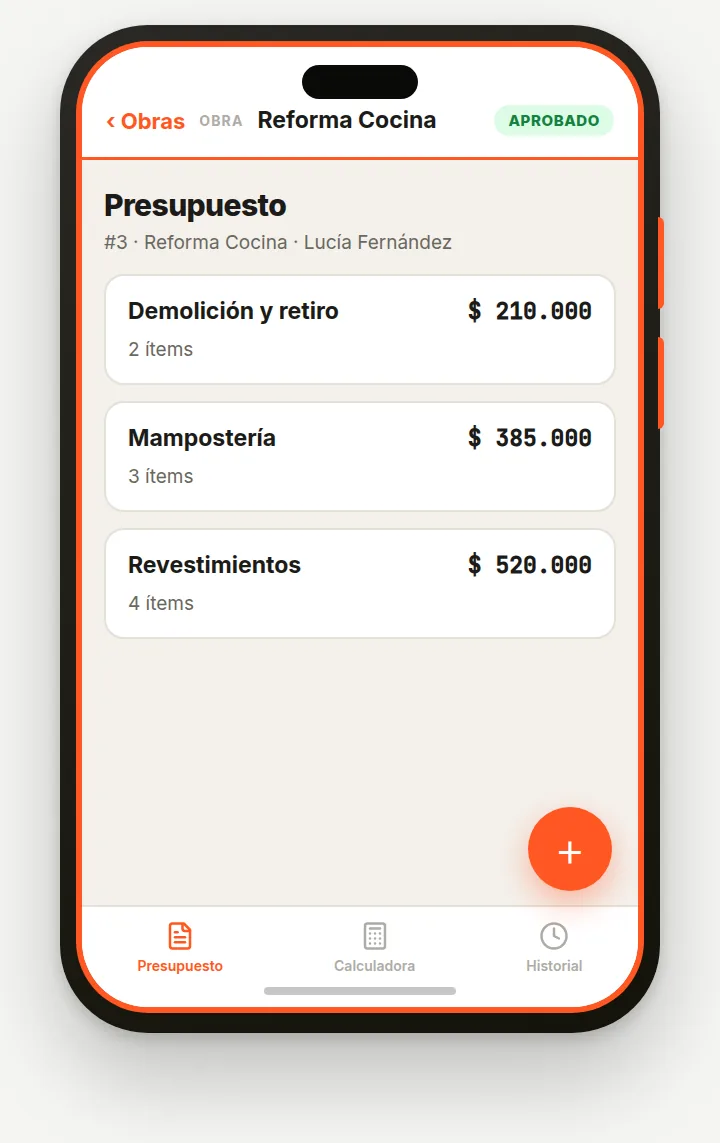 Pantalla dentro de una obra con la barra de la obra y el menú Presupuesto, Calculadora e Historial
