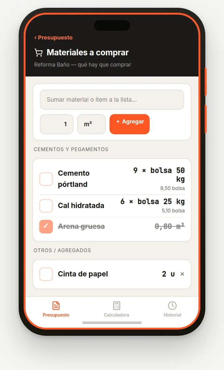 Pantalla Materiales con la lista de compras agrupada por categoría