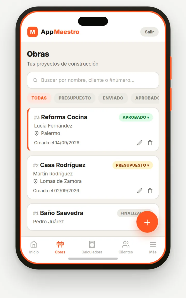 Pantalla Obras con buscador, filtros por estado y tarjetas de obras