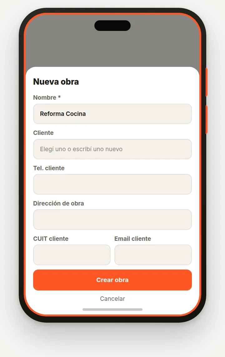 Formulario Nueva obra con nombre, cliente, teléfono, dirección, CUIT y email