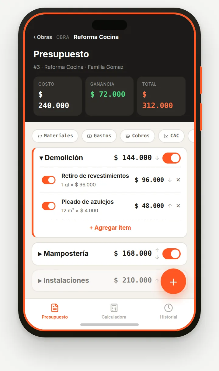 Pantalla Presupuesto con costo, ganancia, total, accesos y rubros desplegables
