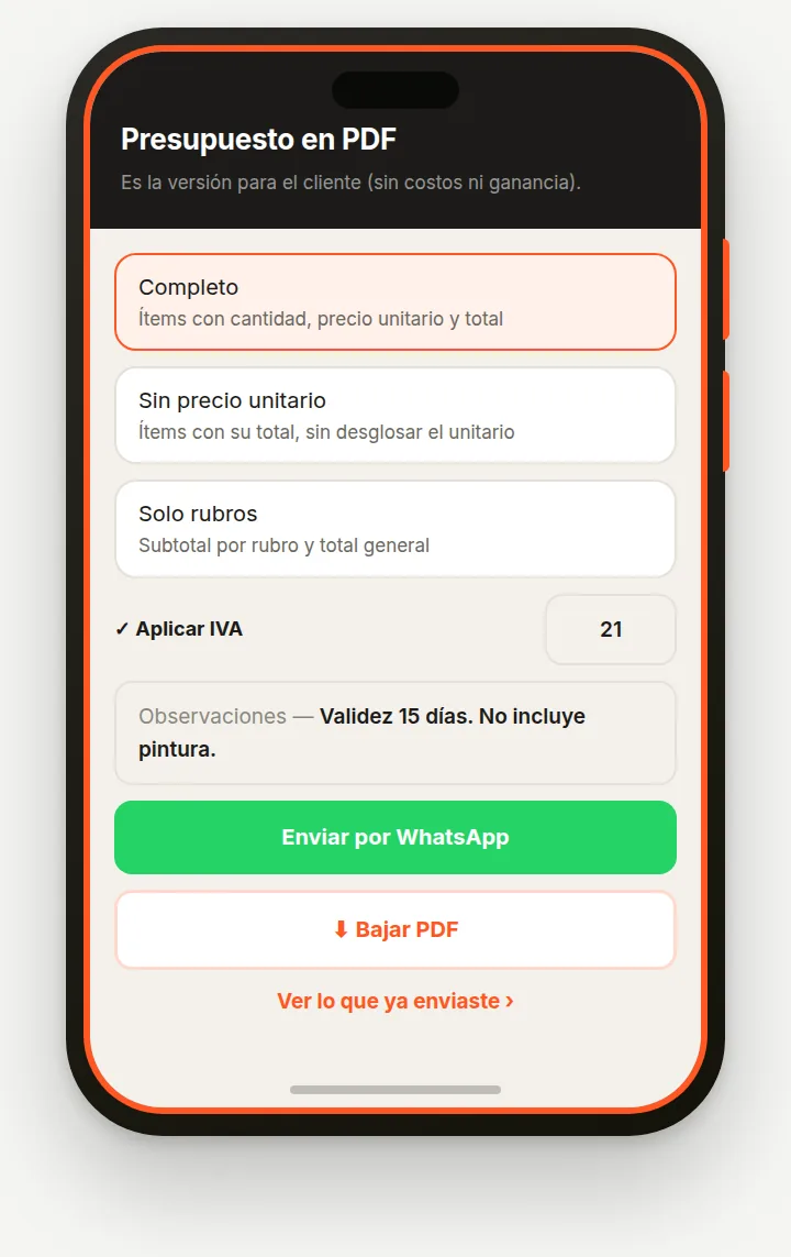 Panel Presupuesto en PDF con formato, IVA, observaciones y botones de WhatsApp y descarga