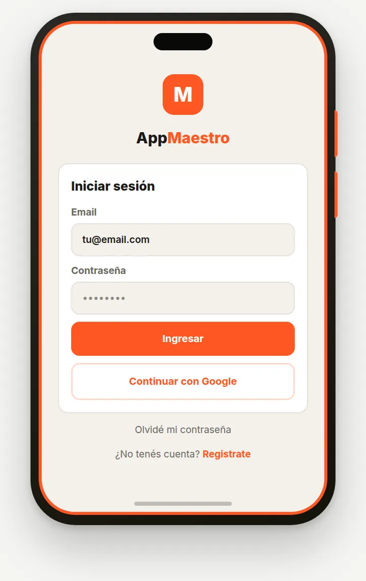 Pantalla Iniciar sesión con email, contraseña y botón Continuar con Google
