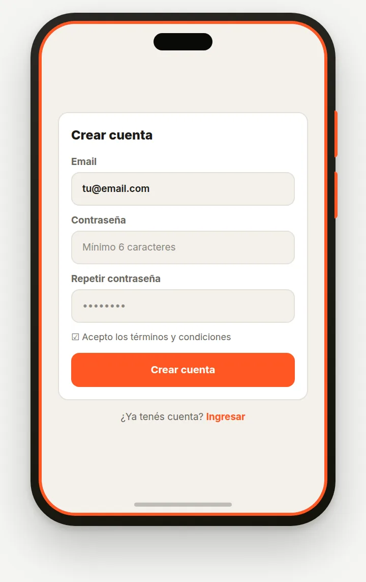 Pantalla de registro con email, contraseña y aceptación de términos