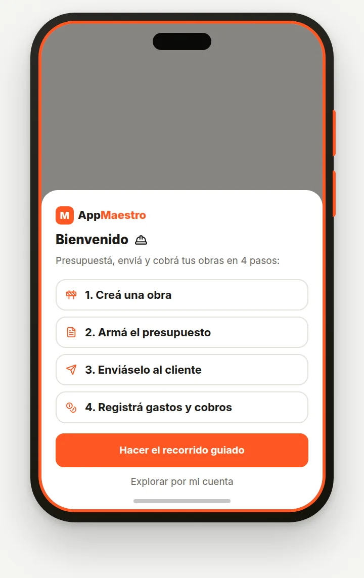 Pantalla de bienvenida con los 4 pasos y los botones del recorrido guiado